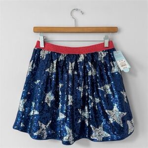 New Cat & Jack Girl, Size XL (14) Blue Sequin Star Skirt with Red Waistband